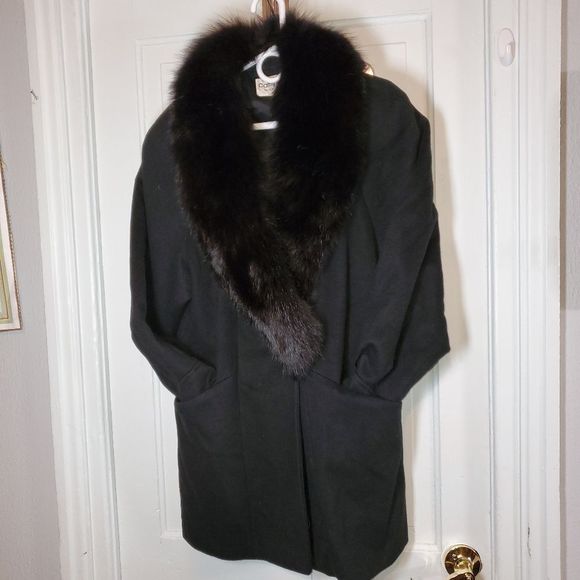 Cathy-Jo Vintage Luxurious Black 100% Wool & Fox Fur Car‎ Mini Trench Coat Large - Picture 1 of 9